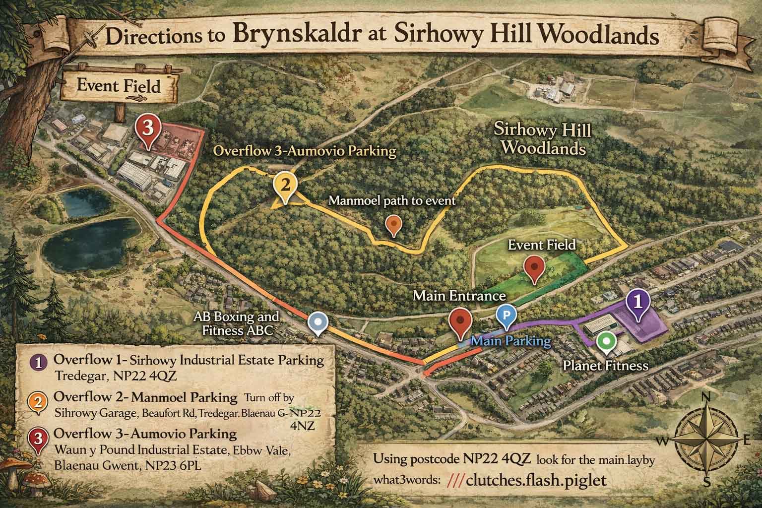 Brynskaldr directions and parking map for Sirhowy Hill Woodlands